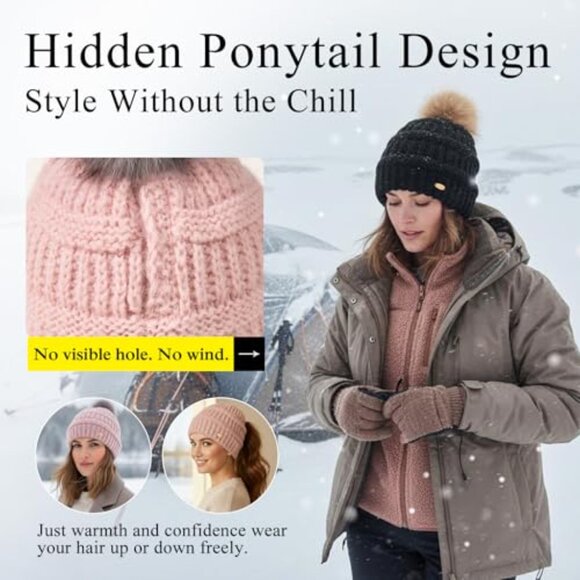 Fleece Lined Merino Wool Beanie Hidden Ponytail Hole Detachable Pom Chic main image 7